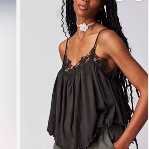 Free People Black Lace-Trim Flowy Cami Tank
